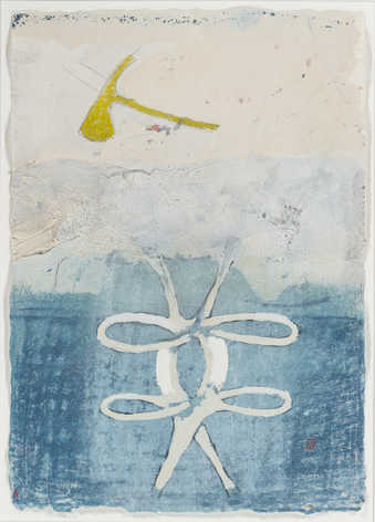 biomorphic forms on a blue and white field