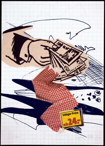 A drawn image of a hand holding paper currency, superimposed over a grid.