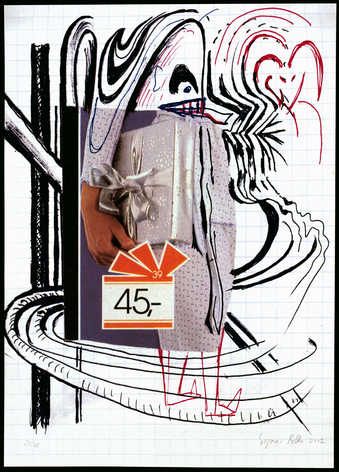 A combined hand drawn and photographic reproduction image of a woman, superimposed on a grid.