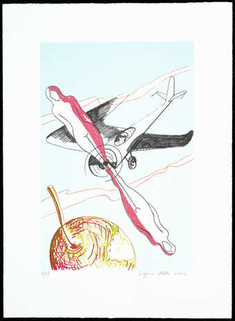 An image of two female figures attached to the propeller of an airplane.