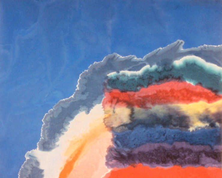 Blue field with bleeding color LR reminiscent of tie dye.