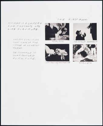 six prints each with a different room number. each has a variety of images and text describing...