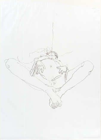 A figurative drawing of a nude female lying on her back with her legs spread.