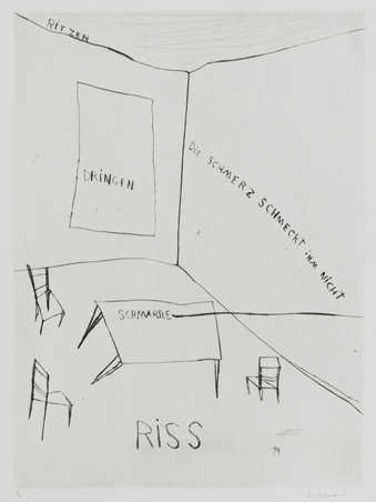 A sereis of etchings in which the artist used anciet stone tools to  inscribe German words onto...