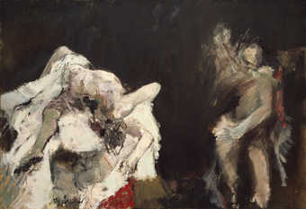 stylized featurless seated figure with one arm raised on right of canvas. left sid of canvas a...