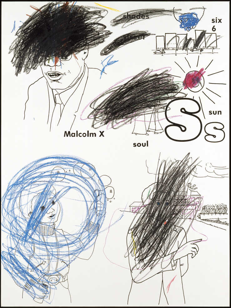 A screenprinted image from a  childs coloring book with the images scribbled on.