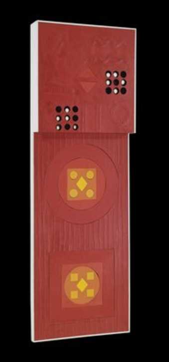 long vertical compostion.  top third of piece protrudes app. 5 inches.  Shapes cut out of panel...