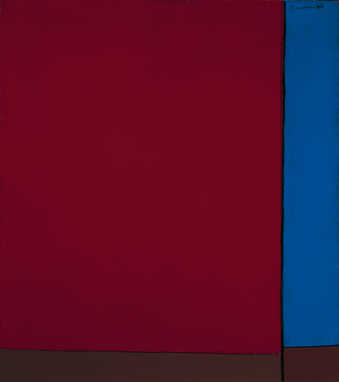 large brick red vertically oriented rectangle over most of canvas.  Along right edge of canvas is...