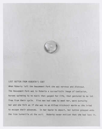 Photograph of a sheet of text telling about lost button from Roberta's coat.