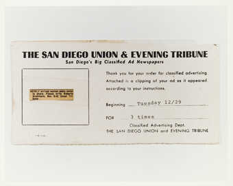 Photograph of receipt for ad placed in The San Diego Union & Evening Tribune for roommate.
