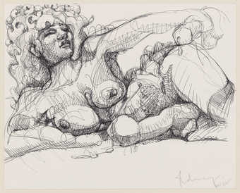 A line drawn image of a reclining nude woman holding a phallus in one hand.