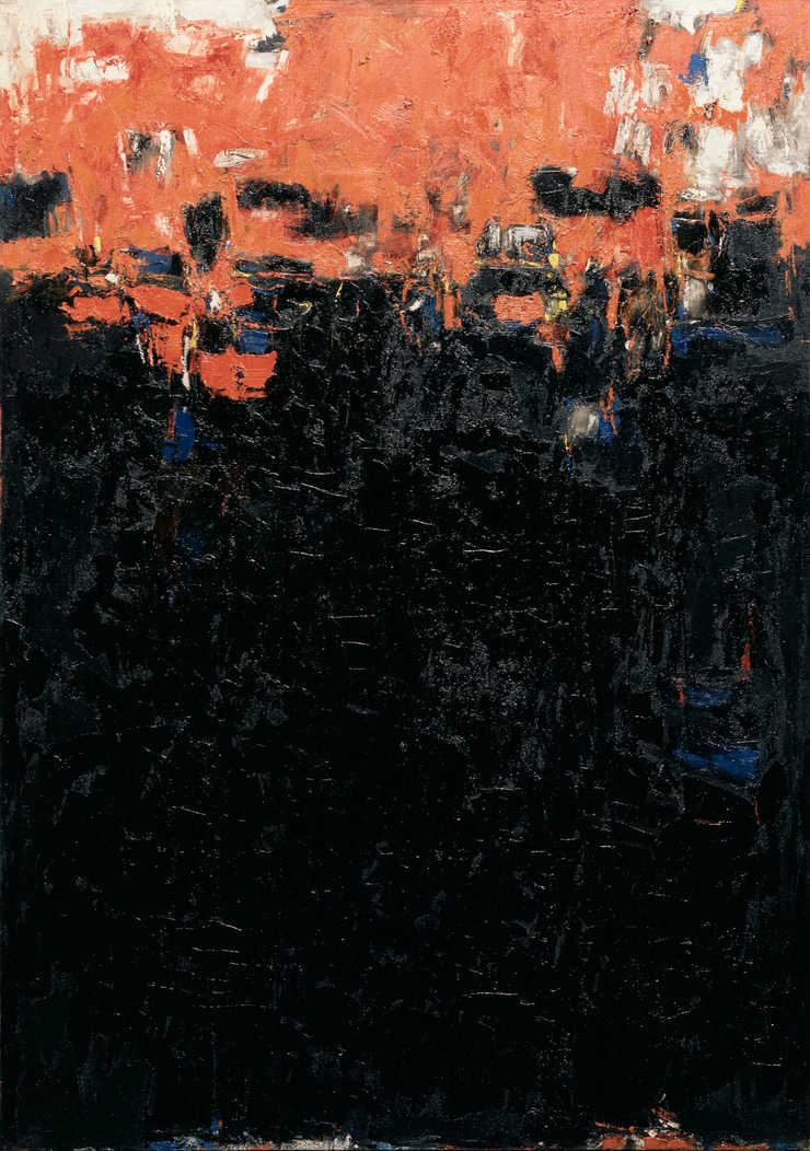 random brush strokes of black paint fill the lower 3/4 of the canvas with same application of...