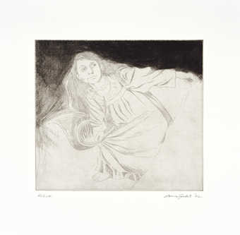 An image of a reclining woman, wearing a nightgown.