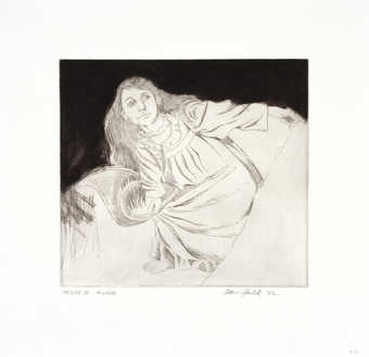 An image of a reclining woman, wearing a nightgown.