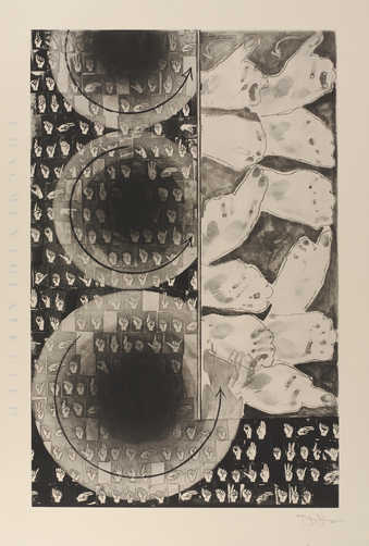 A diptych with images of hands in sign language postures and fragments of text.