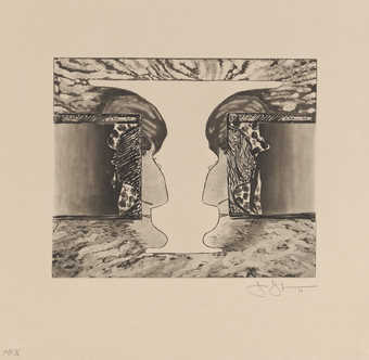 Images of the old woman/young woman illusion facing one another, creating a vessel form between...