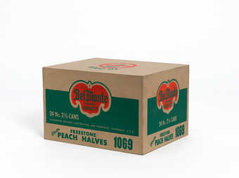 a wooden paint/printed grocery store carton of Del Monte Peach Halves