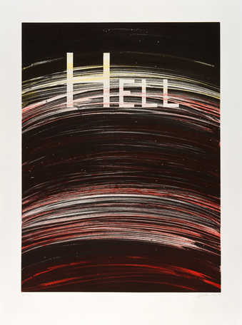 The word HELL over a scraped red and black ink field.  The same plate was used for the background...