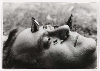 A black and white image of a man's face on which miniature barnyard animals, buildings and...