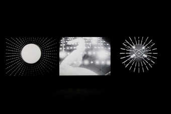 A three screen projection comprised of imagery from COSMIC RAY (1961) and EVE-RAY-FOREVER (1965)....