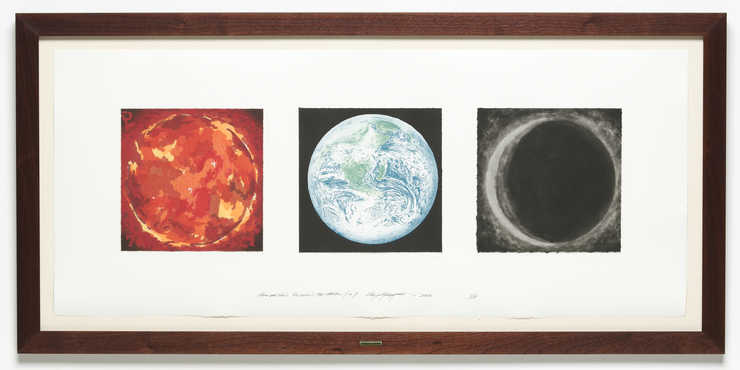 An image of the sun, earth, and an eclipsed planet.  A woodcut, lithograph and intalio mounted...