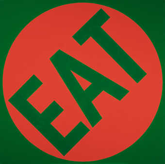Eat: green field with red overlay. Red is circular with work EAT in negative allowing green to...