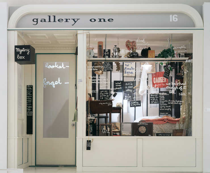 A reproduced store front. Originally produced as Living Sculpture for Festival of Misfits,...