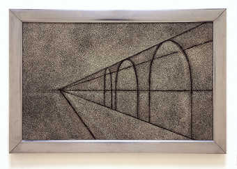 simple perspective line drawing in black paint on light colored textured surface with silver...