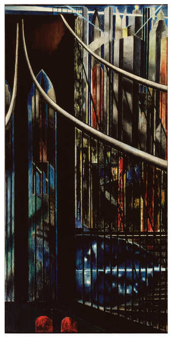 Stylized portrait of Brooklyn Bridge and city, in background