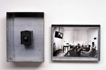 Zinc box with Agfa camera mounted in base, felt attached to camera.  Photograph by Michael Ruetz...