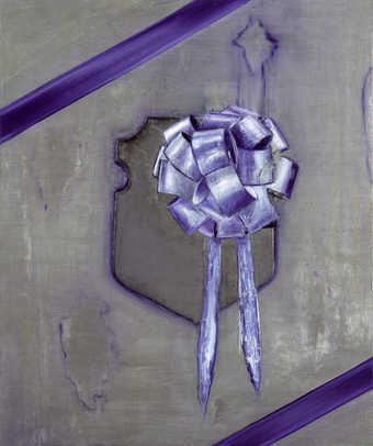 silver ground. on ground RC is a crest shaped form under a blue bow.  TL and LR corners are blue...