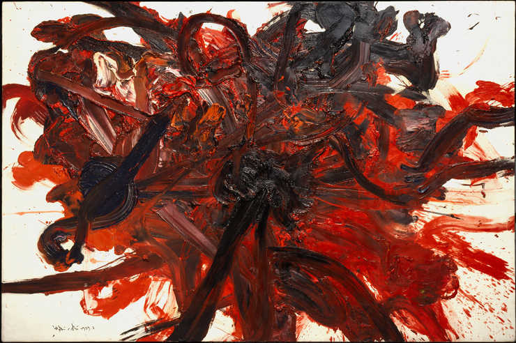 A painting in which the artist used his feet to spread very thick red, brown, and black paint on...