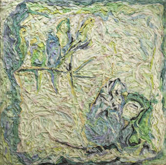 heavily impastoed canvas.  TL two birds sit on a branch LR monkey on a branch.  background is...