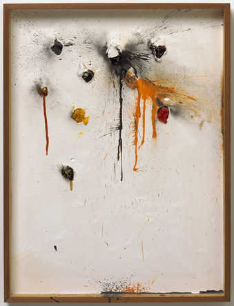 white ground with 9 circular areas of color from which the color dripped  and splattered onto the...