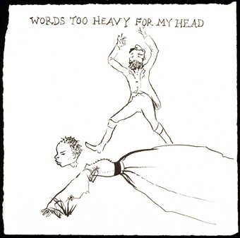 black ink drawing of a white man kicking the head of a black woman who is on the ground - her...