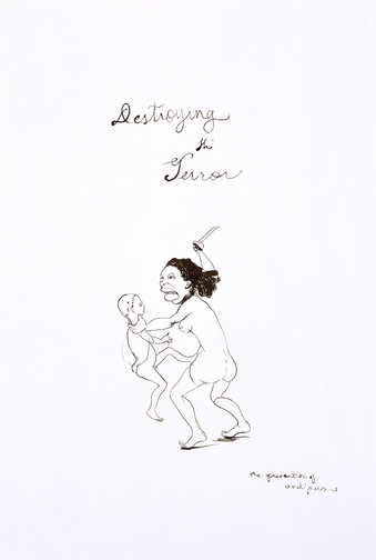 black ink drawing of a woman holding a child by the neck with a knife raised above the child;...