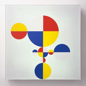 light box with flourscent bulbs inside; white plastic sheet on the front with round red, yellow...