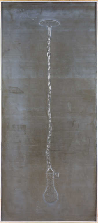 An image of a lightbulb and socket hanging from a cord  embossed in sheet lead.