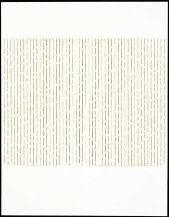 Rows of vertical typewritten lines on a sheet of paper that is attached to a standard 8-1/2 x...