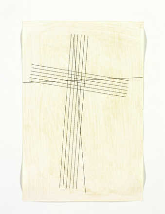 Black lines in a crossing pattern drawn with a typewriter on a sheet of paper, attached to a...