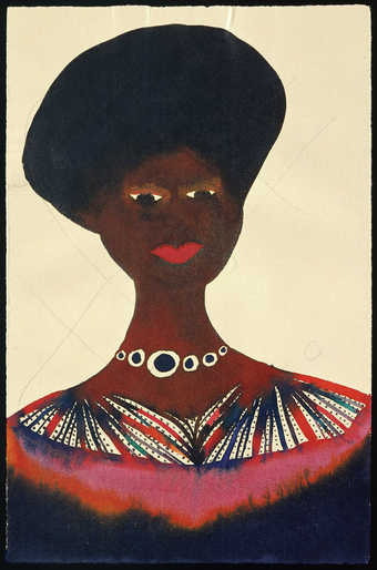 An image of a woman wearing a dress with an elaborate collar and a necklace.