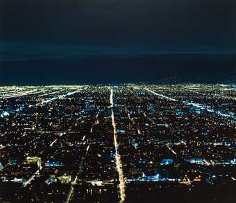 An aerial view of a portion of Los Angeles at night.