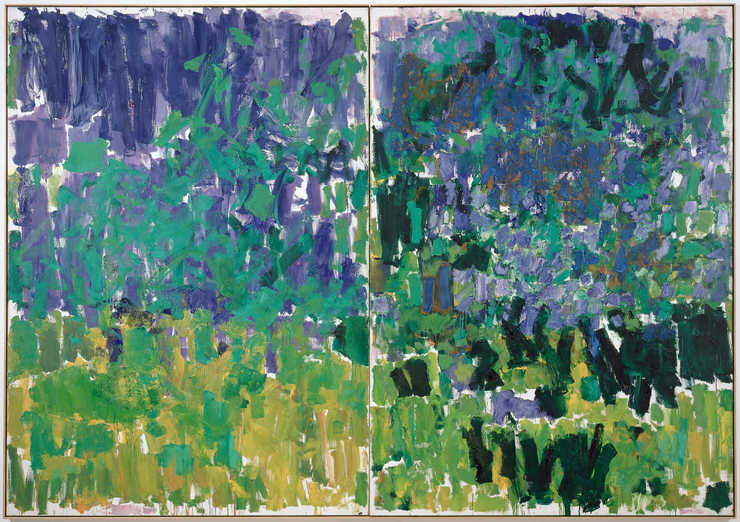 Green and Yellow vertical brushstrokes lower canvas moving to blue and blue green brushstrokes...