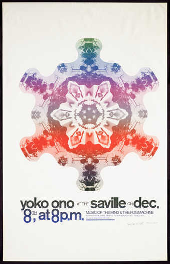 Blue and green print on white paper with photographic image; poster for an event in London,...