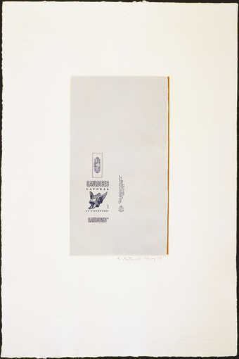 Aquatint from two copper plates printed in blue and brown, line-cut from one copper plate printed...