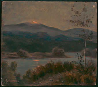 lake scene at night with quarter moon