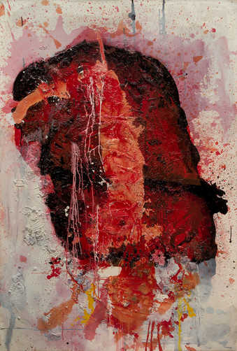 An abstract image composed of a heavy paint layer, at the center of the work a piece of canvas is...