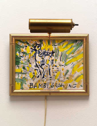 A loose, line drawn image of a young deer.  In blue paint below the deer are the words...