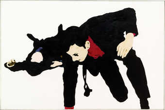 two men, one crouched in front seems to be running forward, the other lying on back at rear