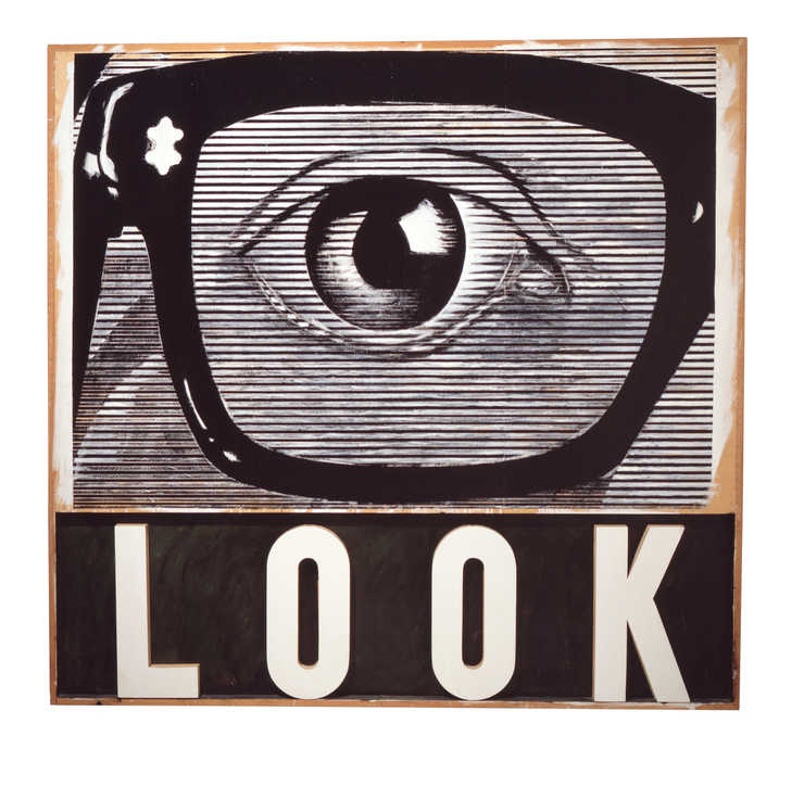 Note:  LOOK! is all caps (pc catalog research).  Close up view of an eye and the rim of...